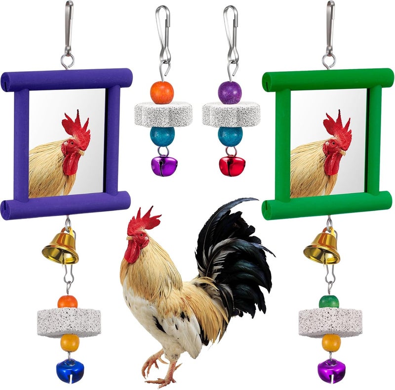 Sumind لعبة مرآة دجاج معلقة من قطعتين مع جرس ولعبة نقر خشبية و4 قطع من أحجار طحن المنقار للدجاج والطيور والببغاوات (أخضر، بنفسجي) - Image 1